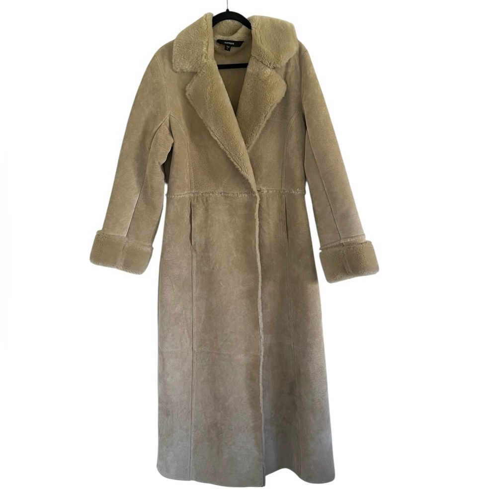 Express Beige Y2K Vintage Suede Leather Faux Fur Lined Long Coat Large